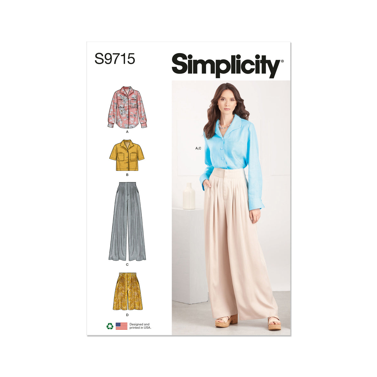 Simplicity S9715 sewing pattern envelope showing casual wear with a fly front