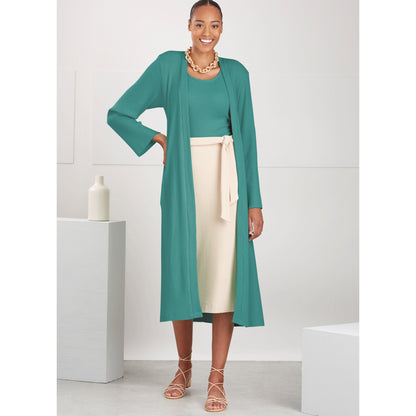 Simplicity S9716 sewing pattern envelope showing knit top, cardigan and skirt