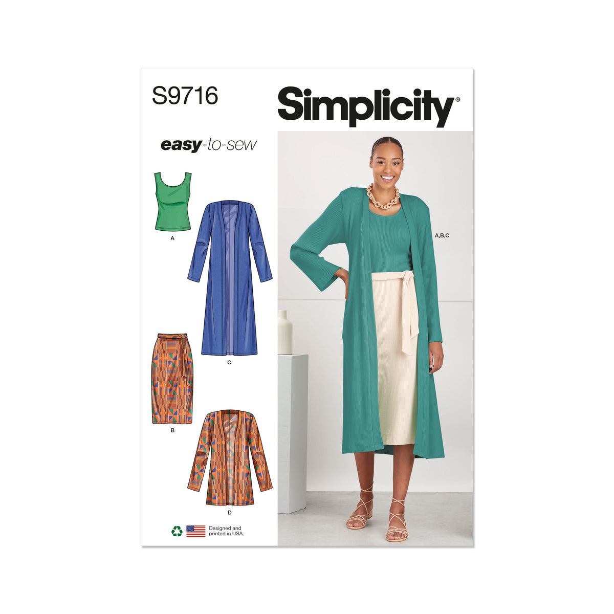 Simplicity S9716 sewing pattern envelope showing knit top, cardigan and skirt