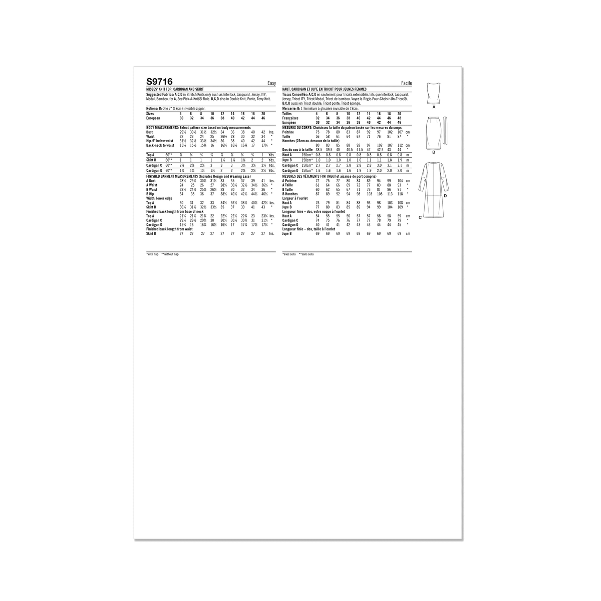 Simplicity S9716 sewing pattern envelope showing knit top, cardigan and skirt