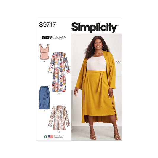 Simplicity S9717 sewing pattern envelope showing knit top, cardigan and skirt