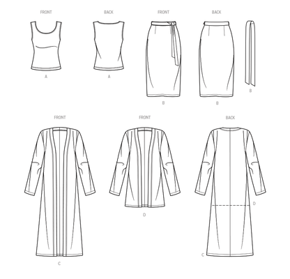 Simplicity S9717 sewing pattern envelope showing knit top, cardigan and skirt