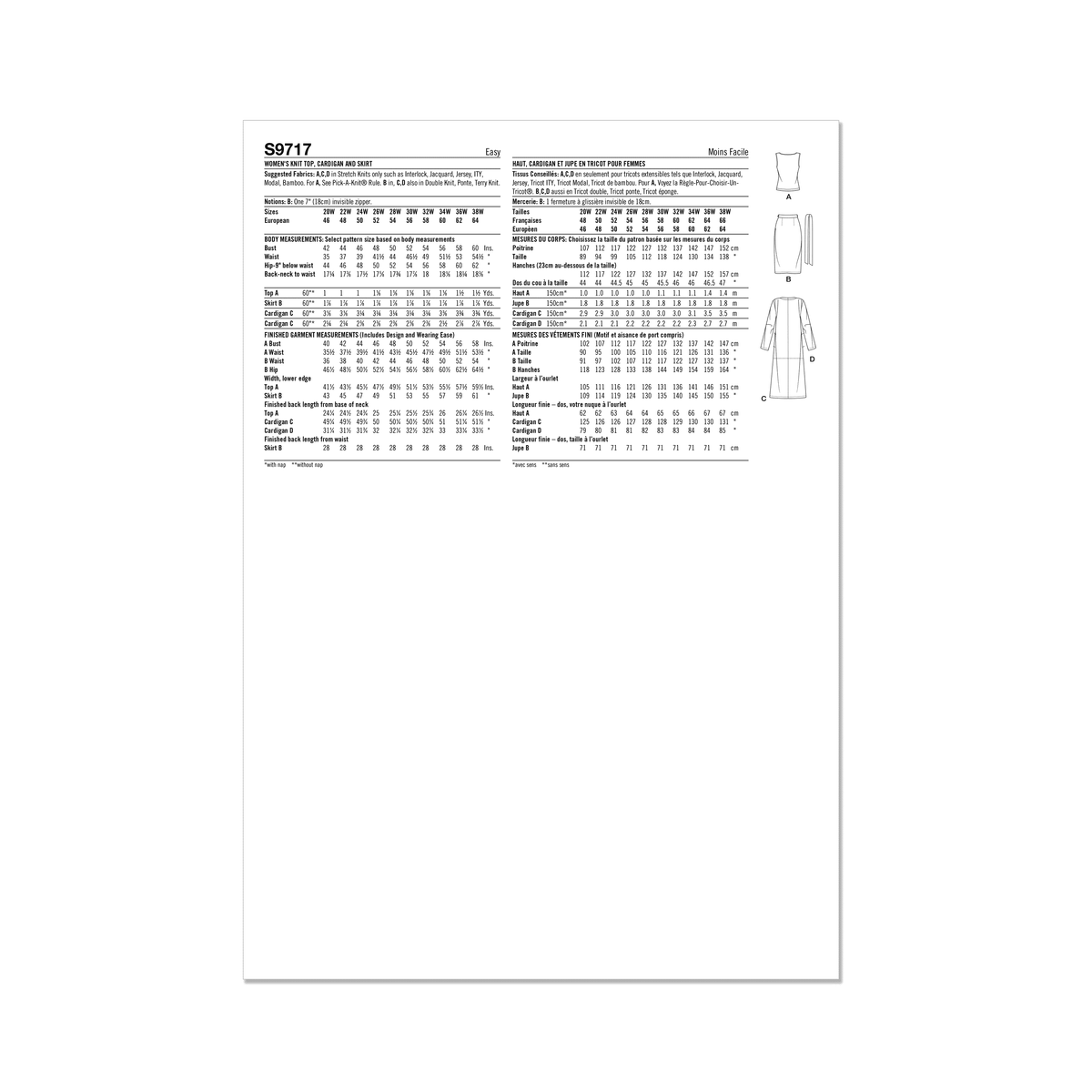 Simplicity S9717 sewing pattern envelope showing knit top, cardigan and skirt