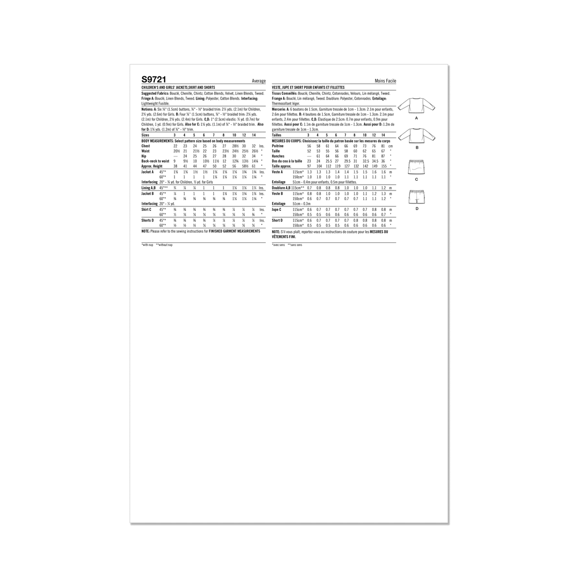 Simplicity S9721 sewing pattern envelope showing girls' casual wear