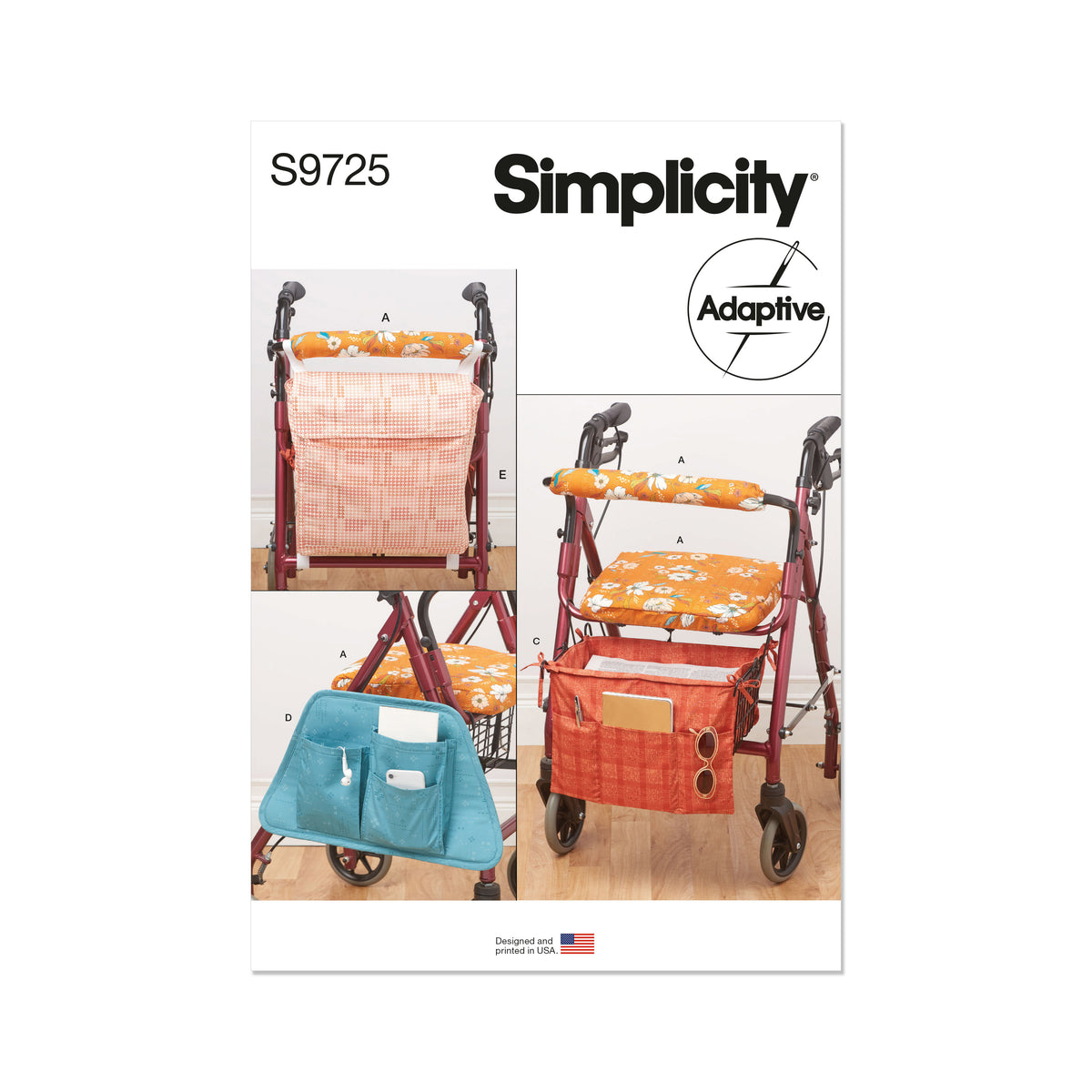 Simplicity S9725 sewing pattern envelope showing walker covers, bags and basket liners