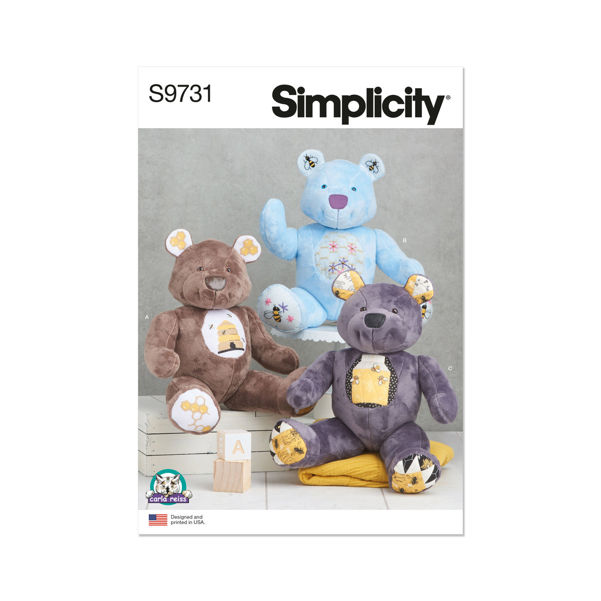 Simplicity S9731 sewing pattern envelope showing stuffed bears and soft toys