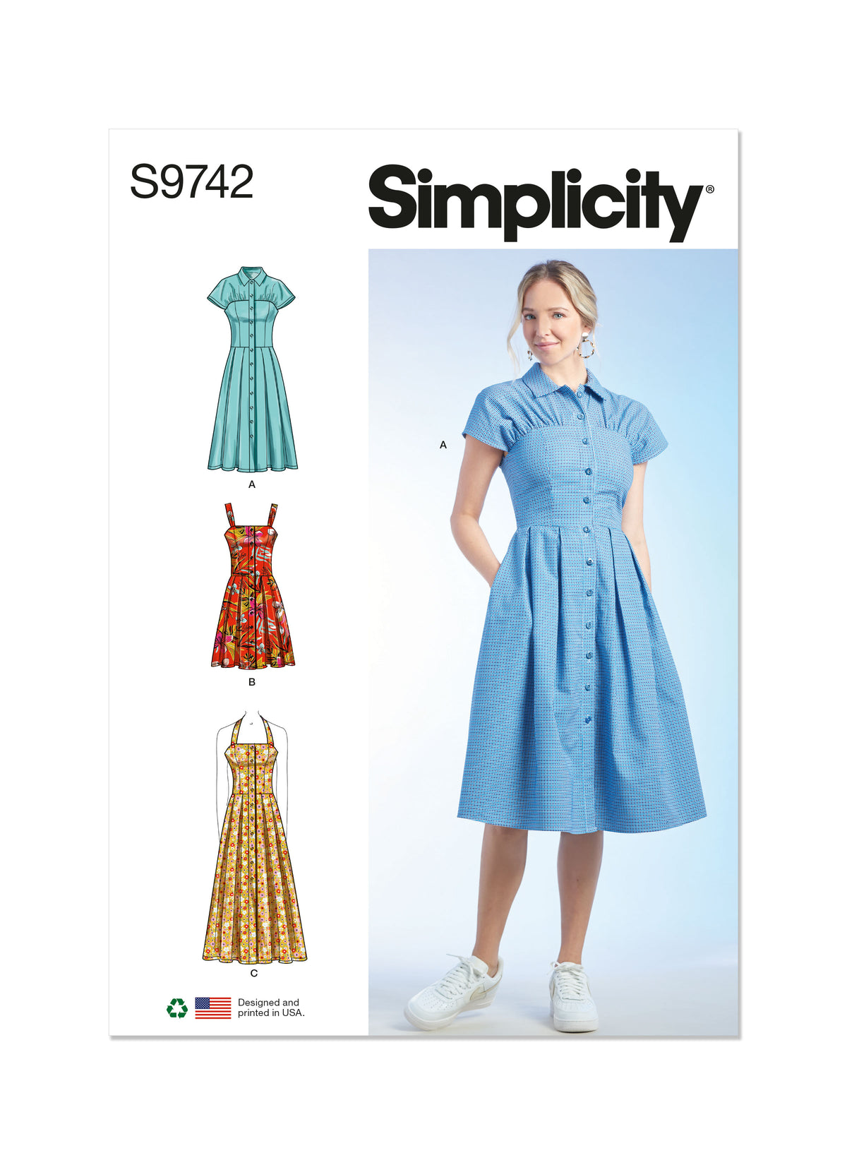 Simplicity S9742 sewing pattern envelope showing a women's dress