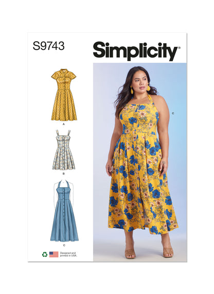 Simplicity S9743 sewing pattern envelope showing a plus size dress