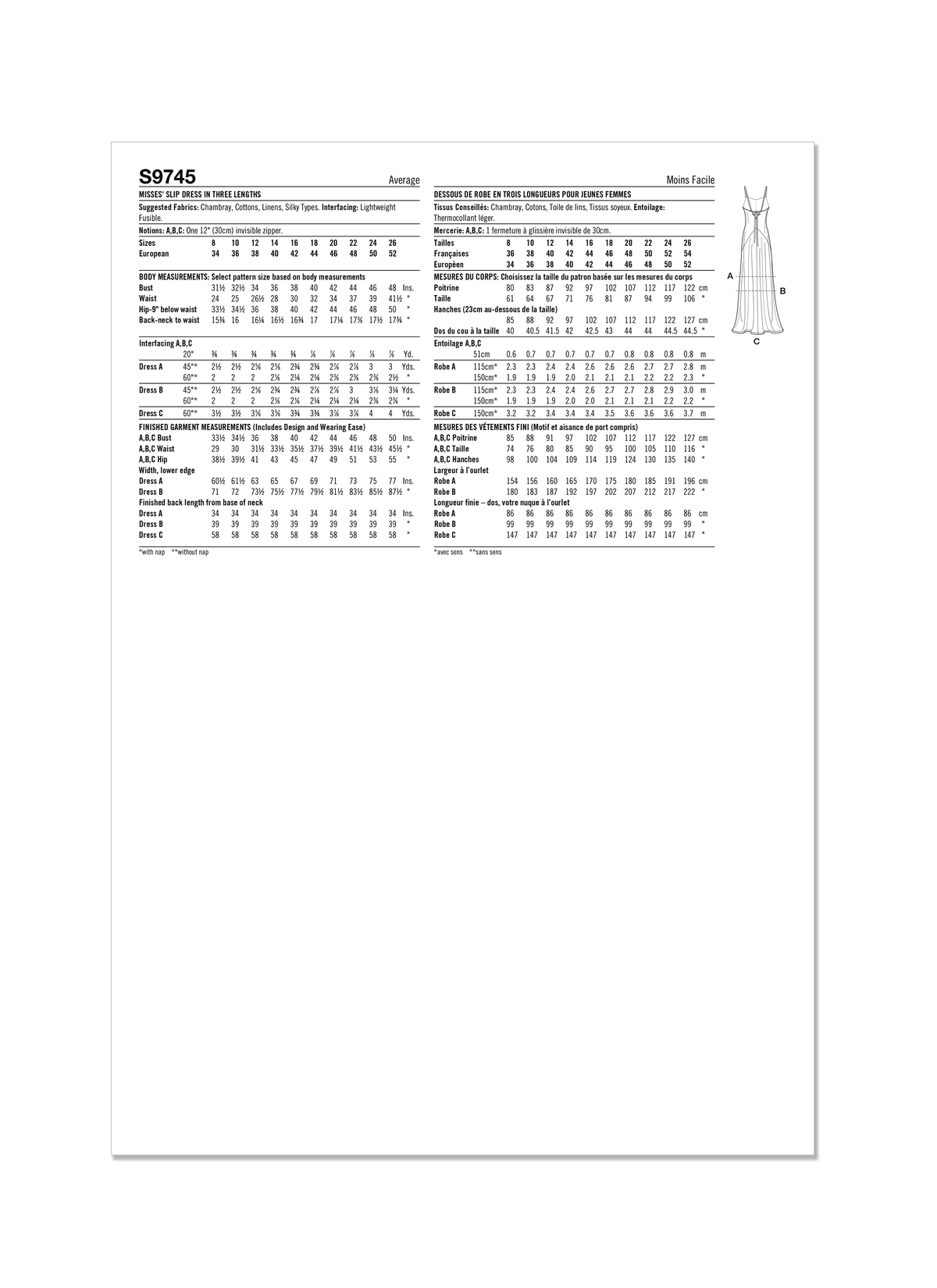 Simplicity S9745 sewing pattern envelope showing a women's slip dress