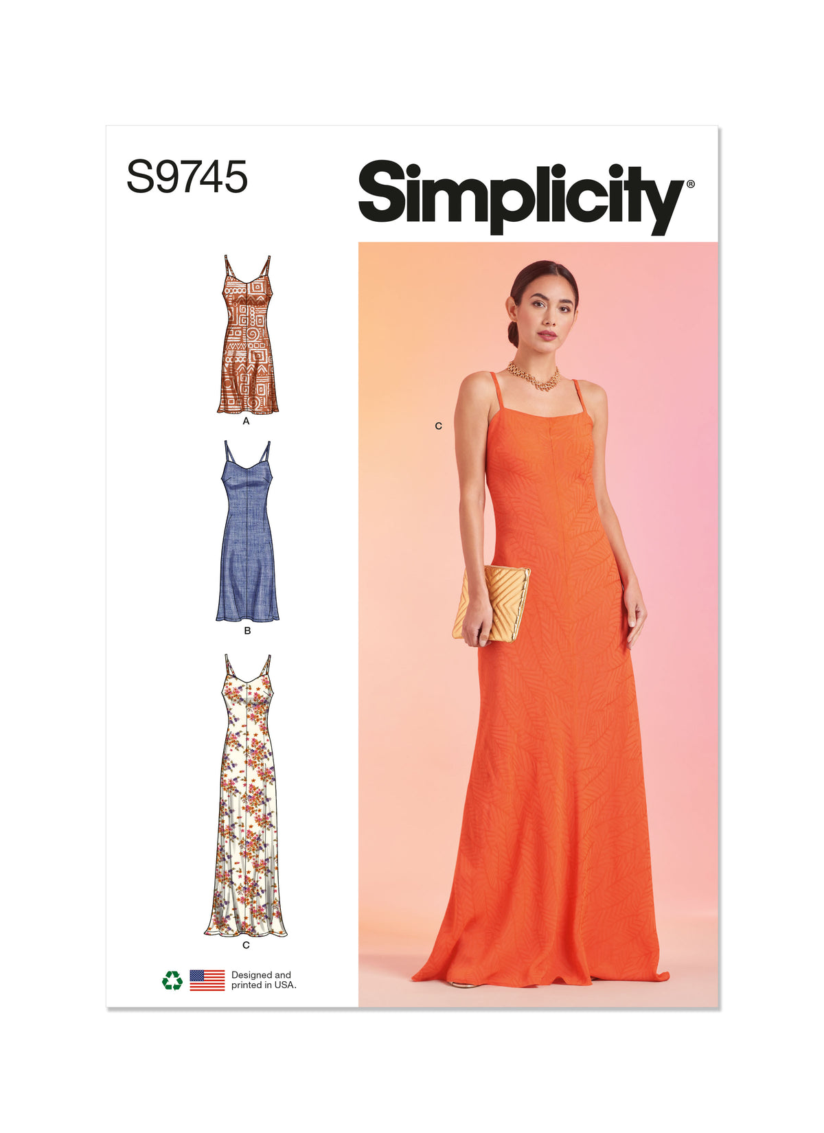 Simplicity S9745 sewing pattern envelope showing a women's slip dress