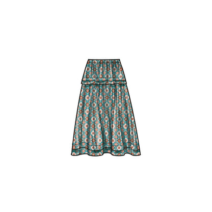 Simplicity S9750 sewing pattern envelope showing a women's pull-on tiered skirt