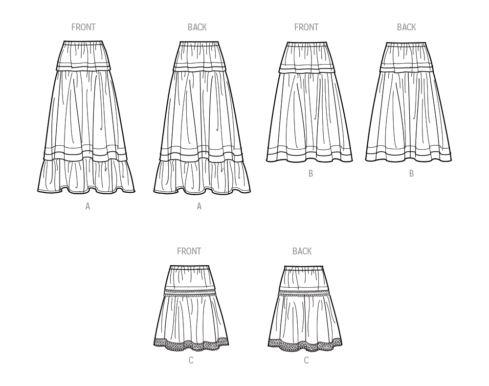 Simplicity S9750 sewing pattern envelope showing a women's pull-on tiered skirt