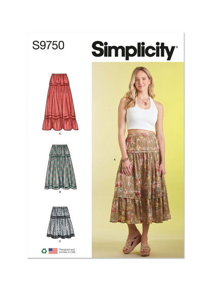 Simplicity S9750 sewing pattern envelope showing a women's pull-on tiered skirt