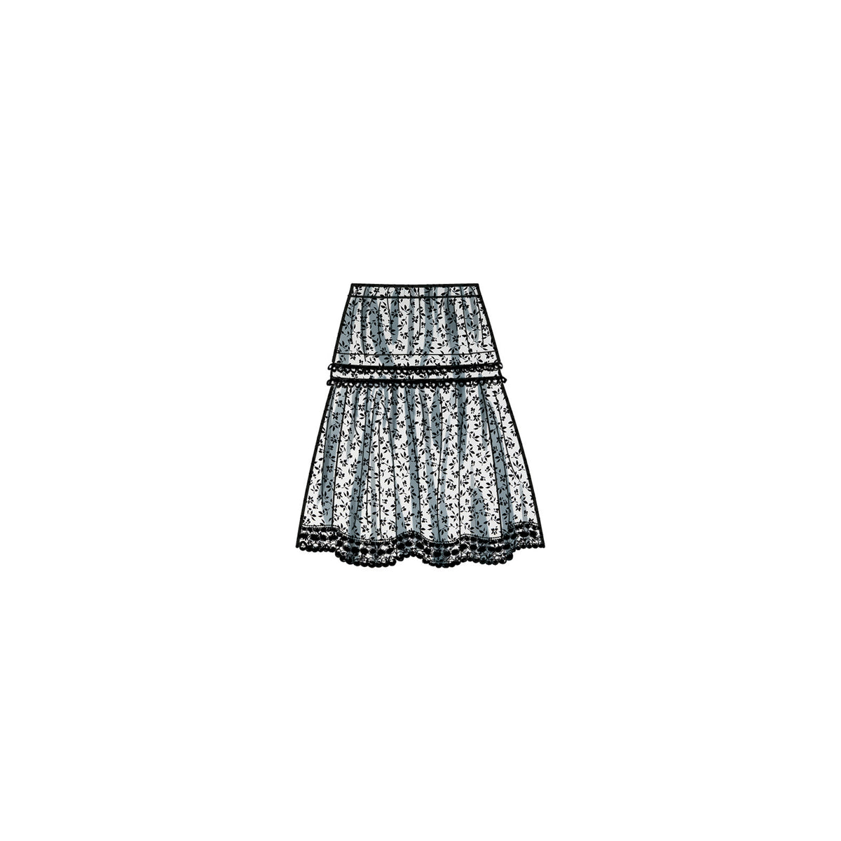 Simplicity S9750 sewing pattern envelope showing a women's pull-on tiered skirt