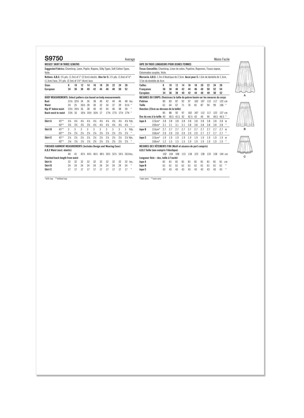 Simplicity S9750 sewing pattern envelope showing a women's pull-on tiered skirt