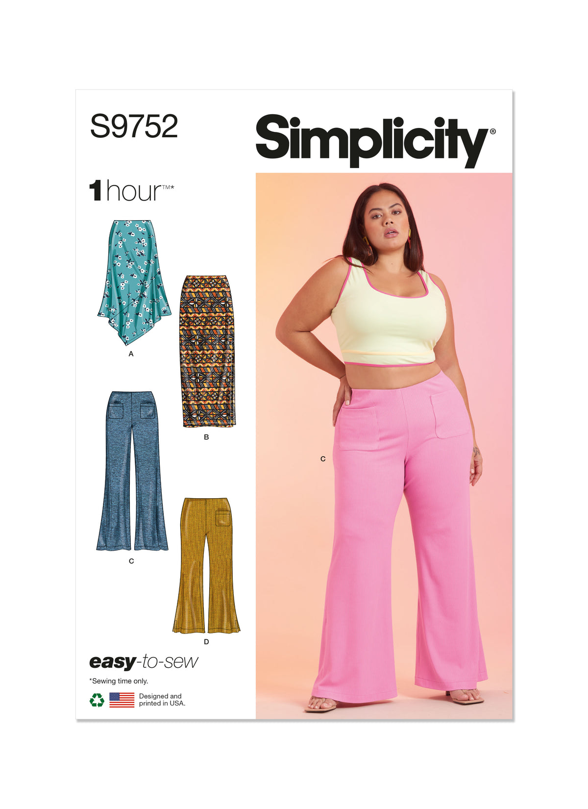 Simplicity S9752 sewing pattern envelope showing plus size skirts and trousers