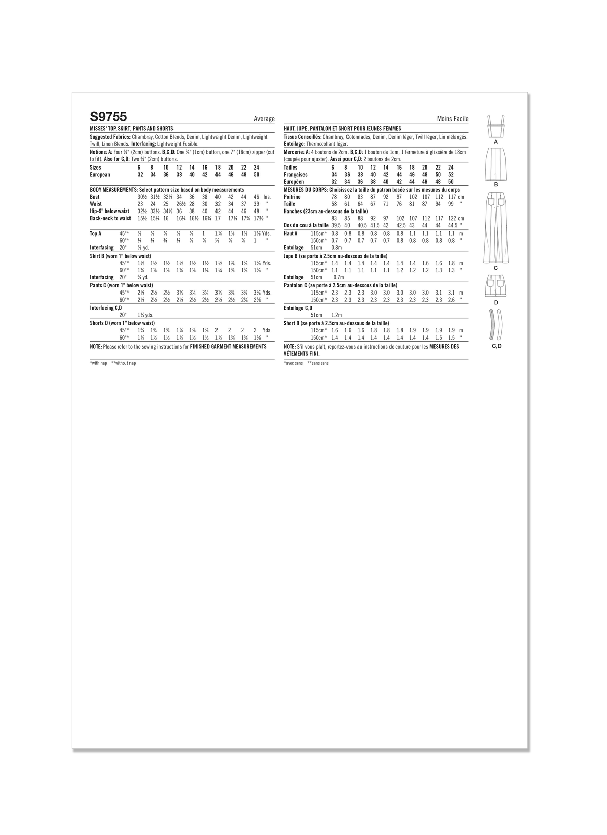 Simplicity S9755 sewing pattern envelope showing a women's button-front crop top