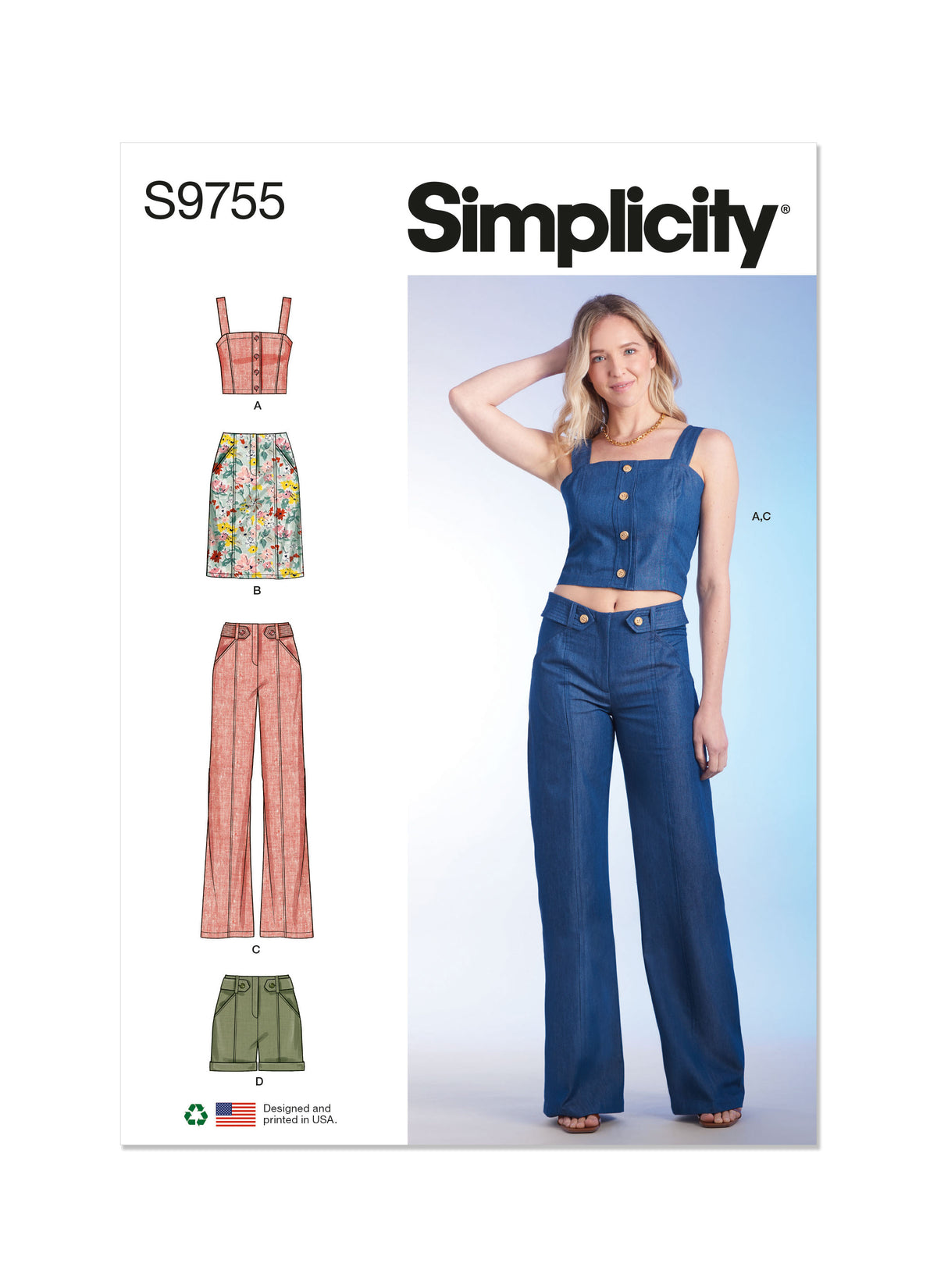 Simplicity S9755 sewing pattern envelope showing a women's button-front crop top