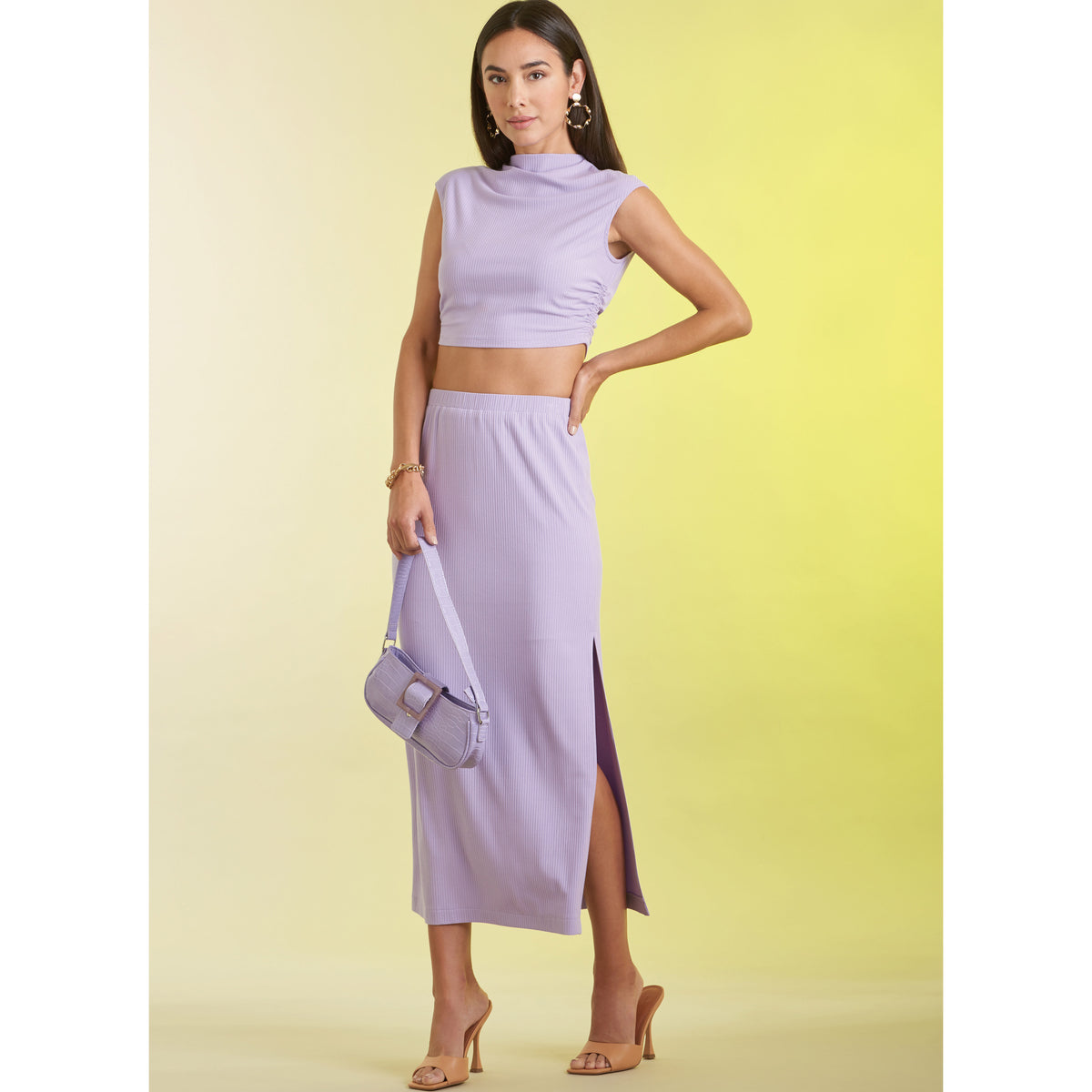 Simplicity S9757 sewing pattern envelope showing knit tops and skirts