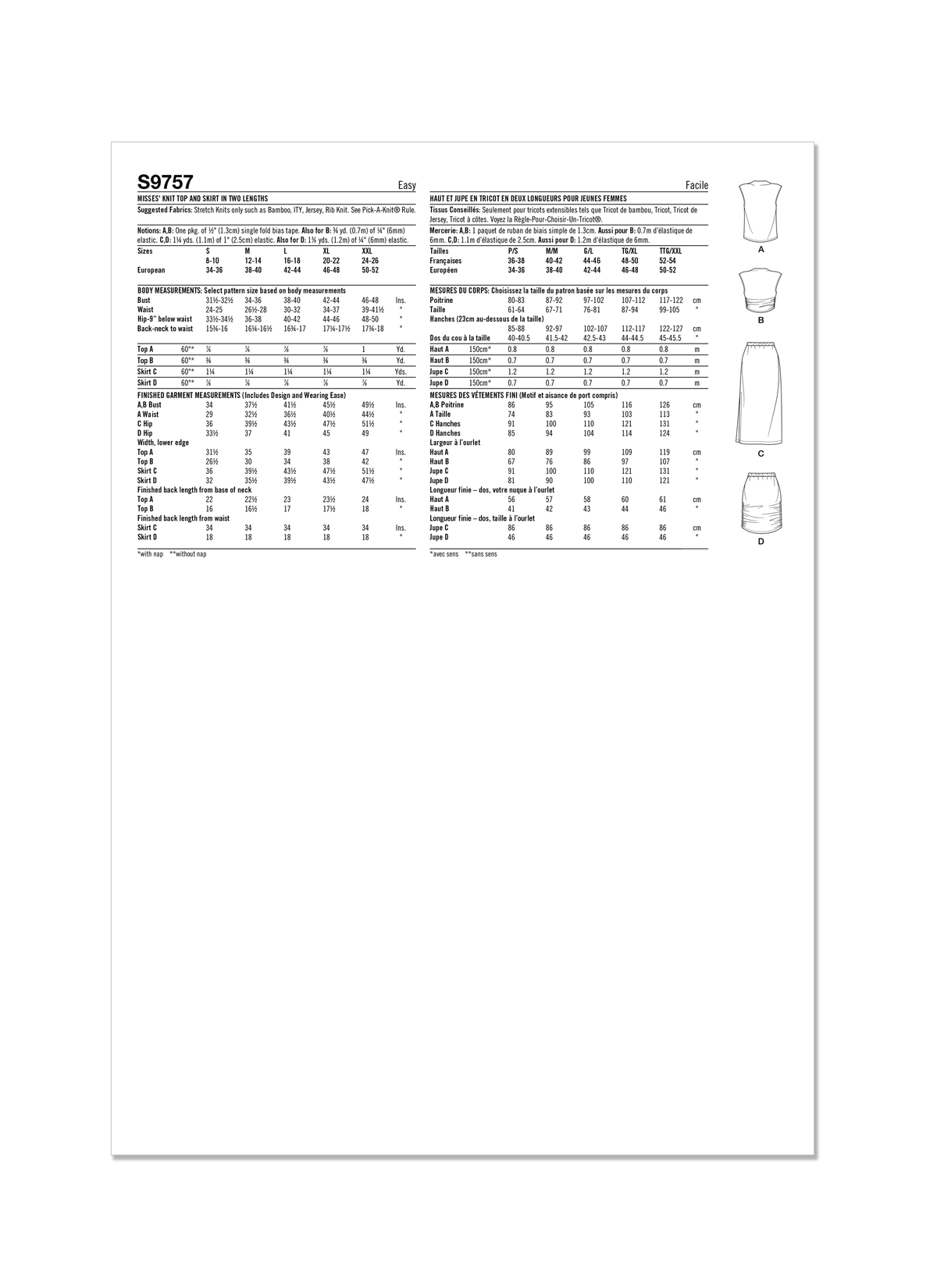 Simplicity S9757 sewing pattern envelope showing knit tops and skirts