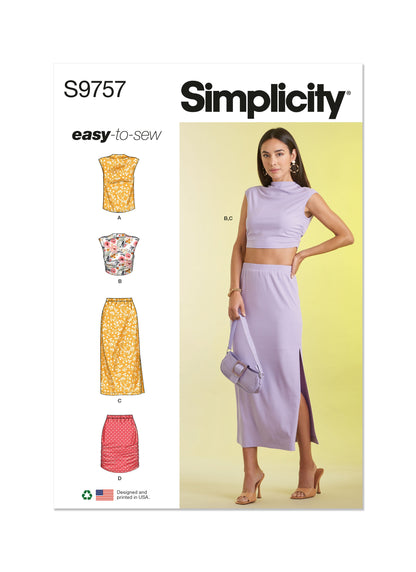 Simplicity S9757 sewing pattern envelope showing knit tops and skirts