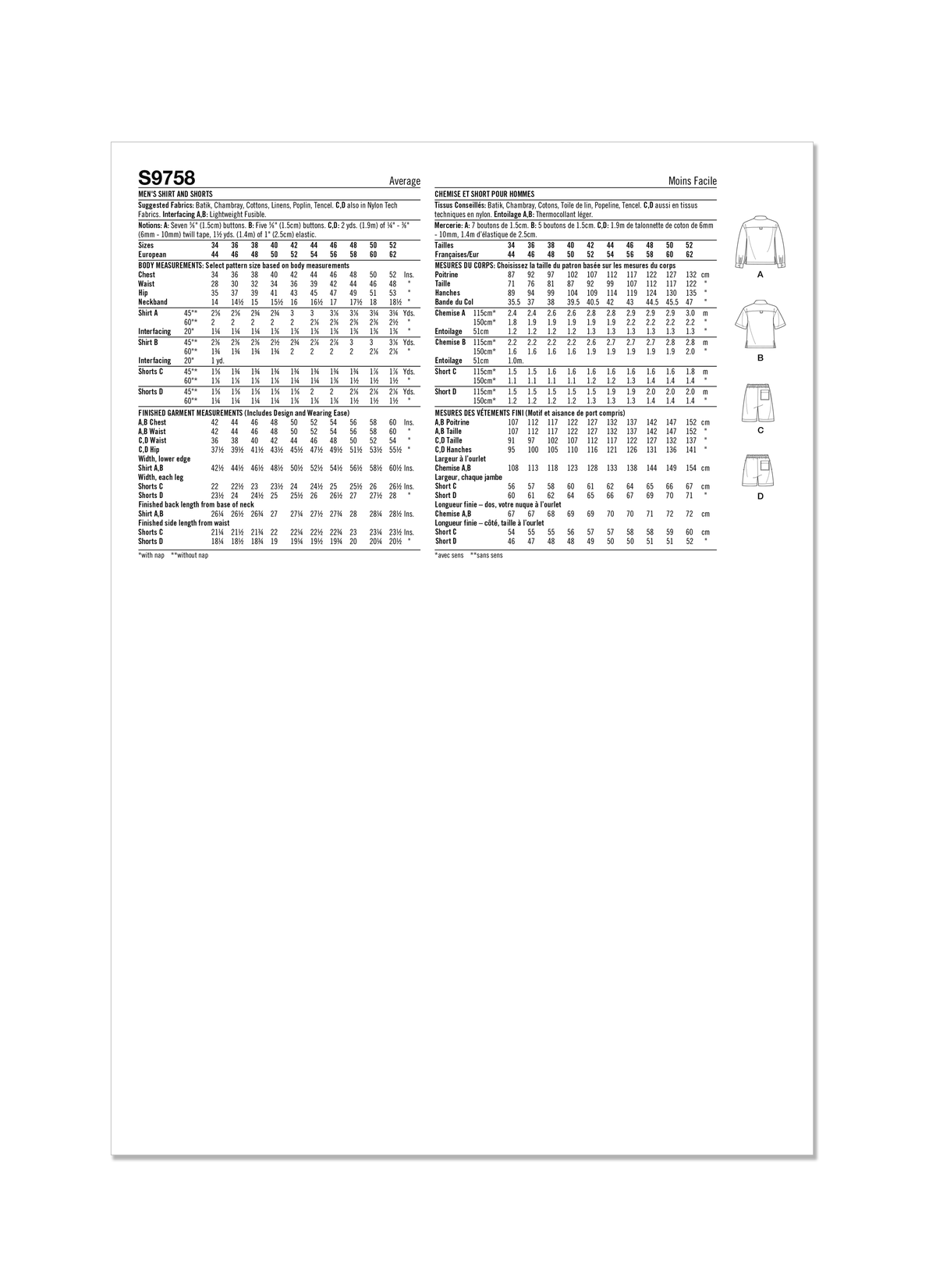 Simplicity S9758 sewing pattern envelope showing a casual shirt