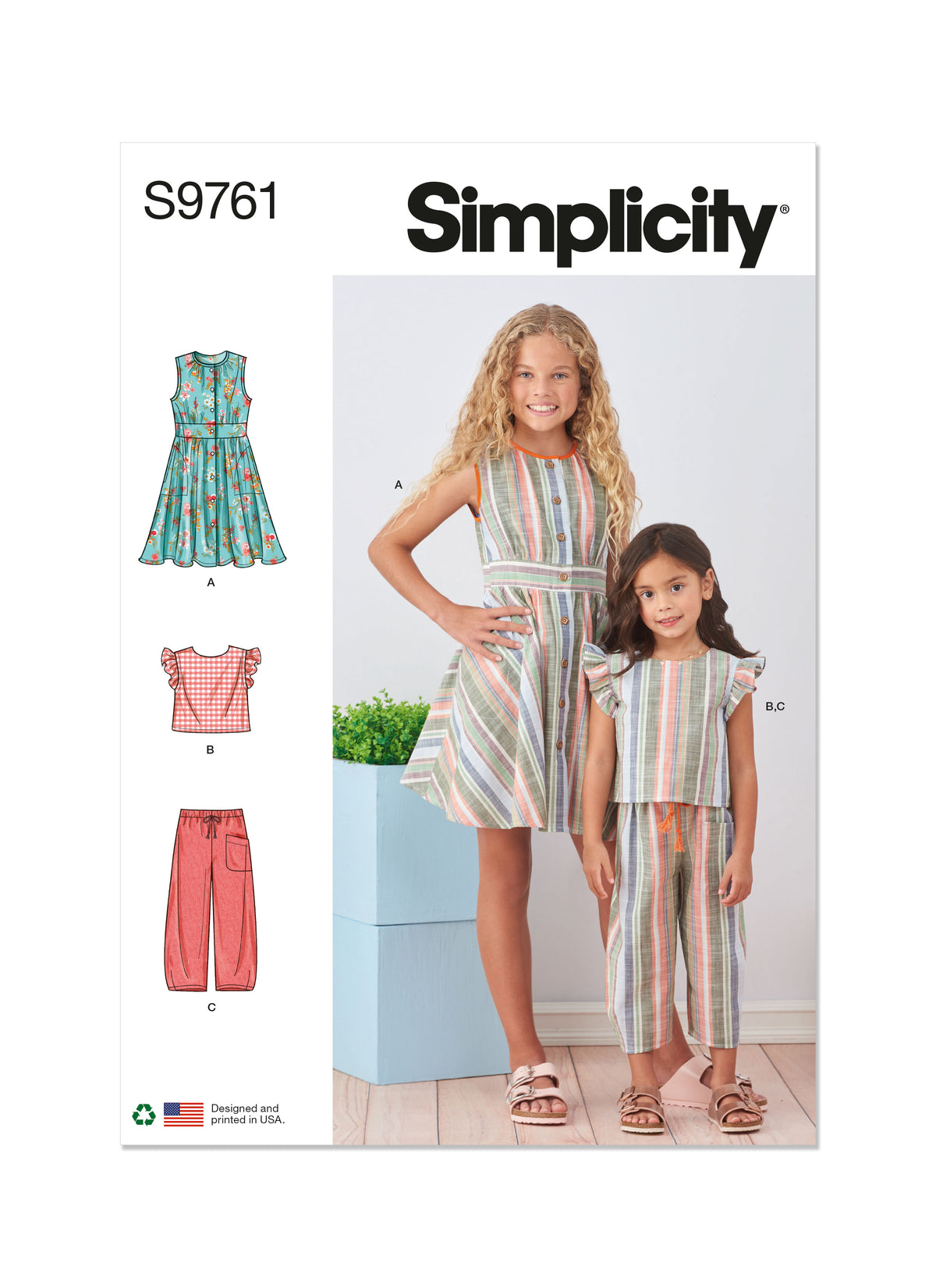 Simplicity S9761 sewing pattern envelope showing a dress, top and trousers