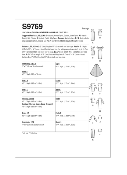 Simplicity S9769 sewing pattern envelope showing doll clothes