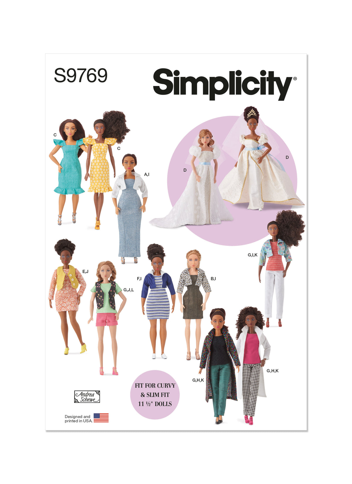 Simplicity S9769 sewing pattern envelope showing doll clothes