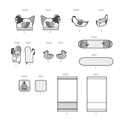 Simplicity S9773 sewing pattern envelope showing a chicken tea cosy, fabric bowl and oven gloves