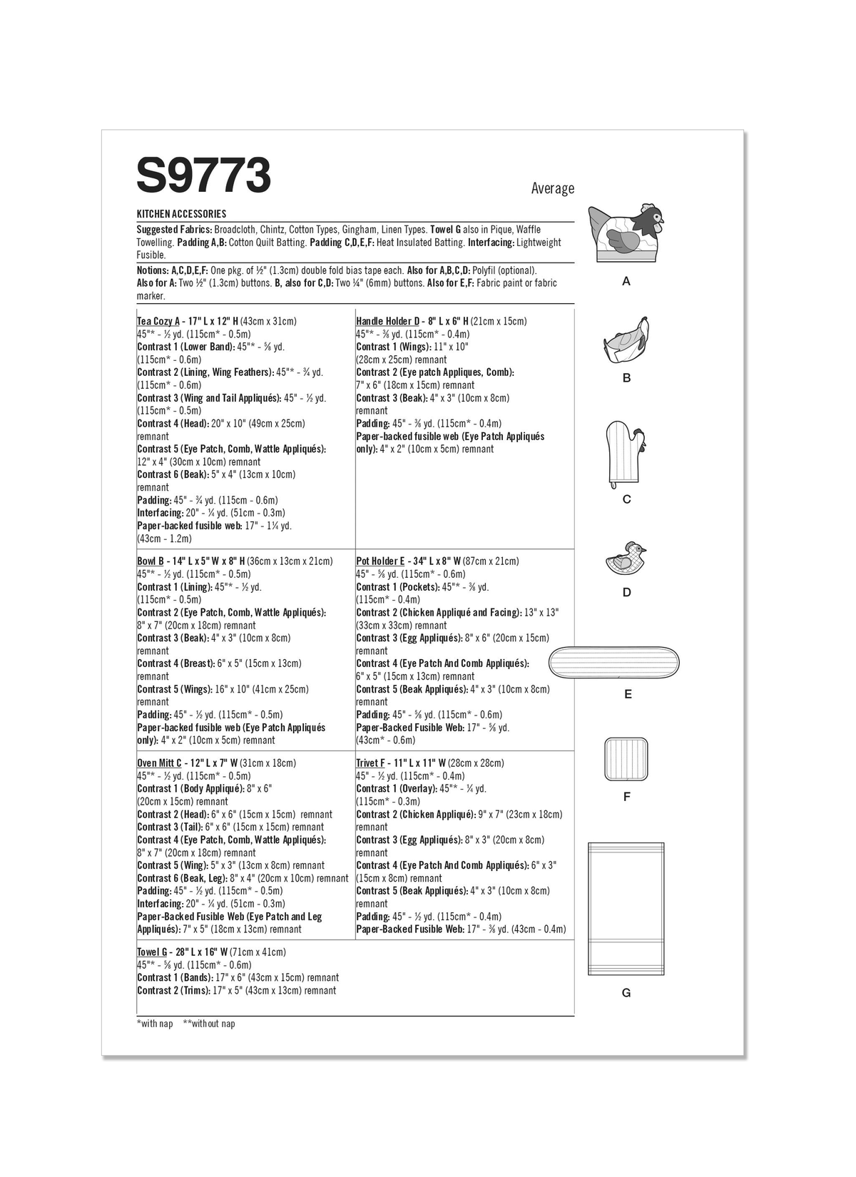 Simplicity S9773 sewing pattern envelope showing a chicken tea cosy, fabric bowl and oven gloves