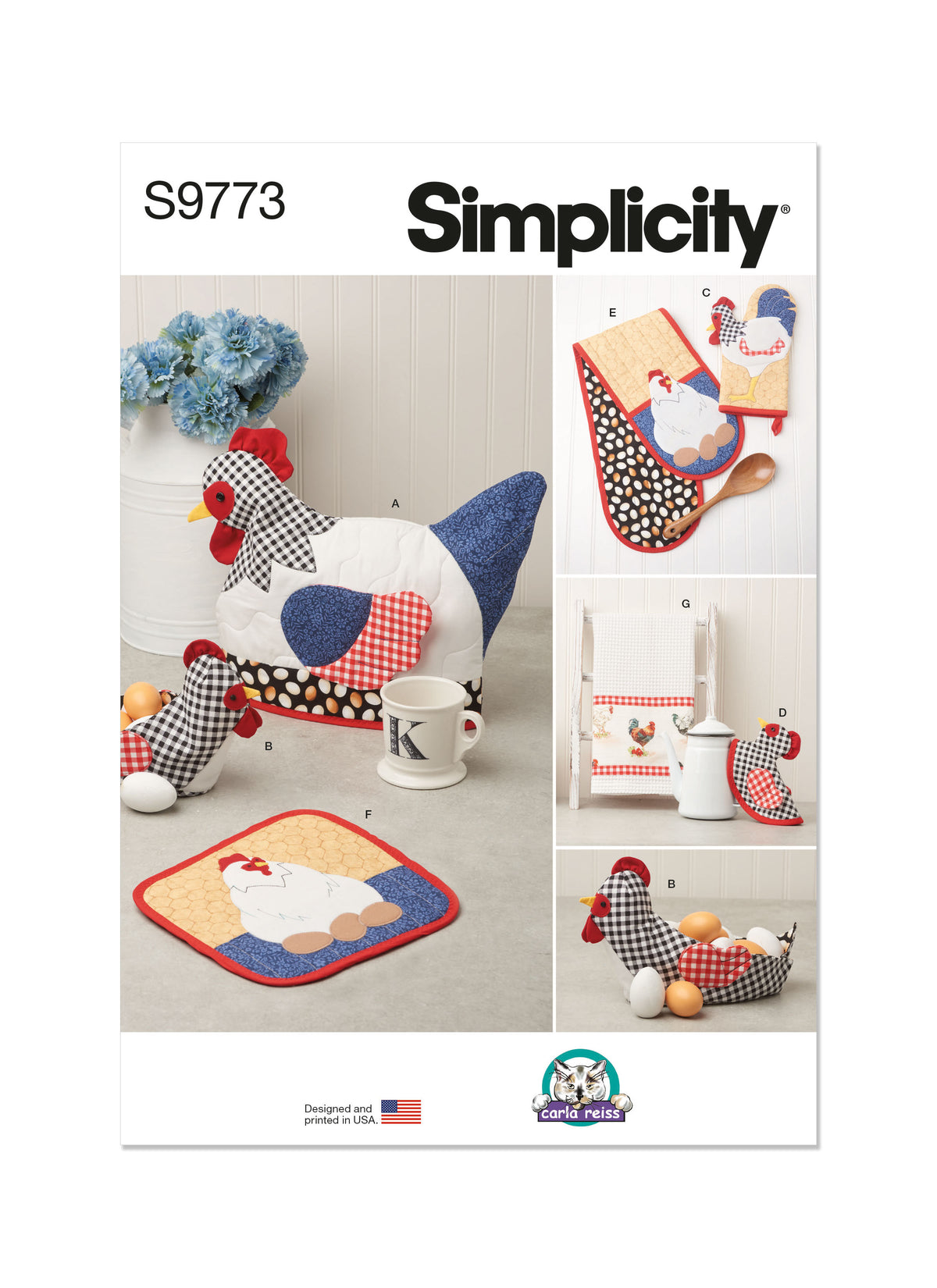 Simplicity S9773 sewing pattern envelope showing a chicken tea cosy, fabric bowl and oven gloves