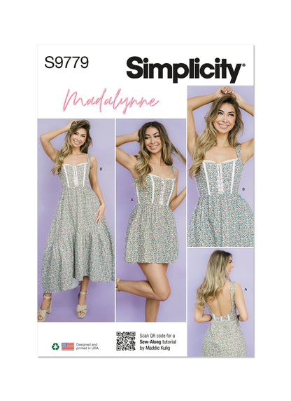 Simplicity S9779 sewing pattern envelope showing a boned dress with ruffle neckline