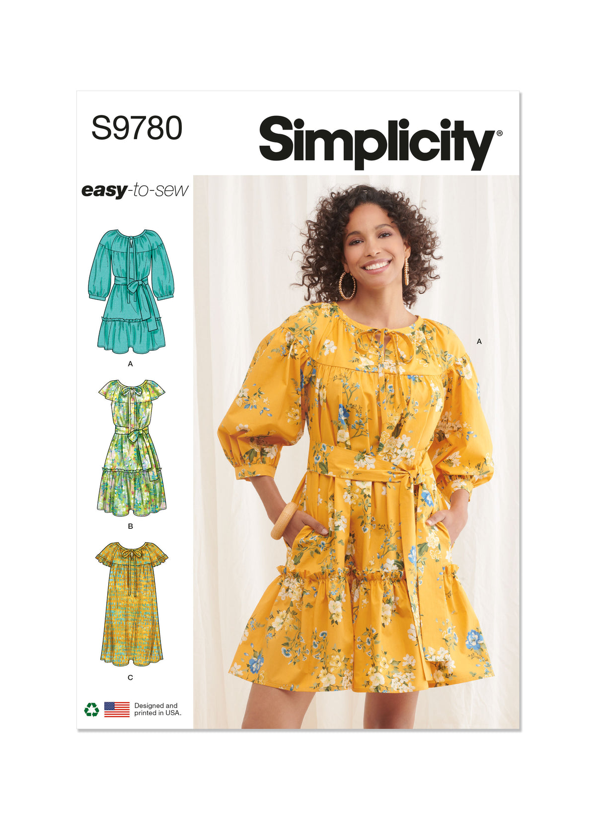 Simplicity S9780 sewing pattern envelope showing a flounced dress