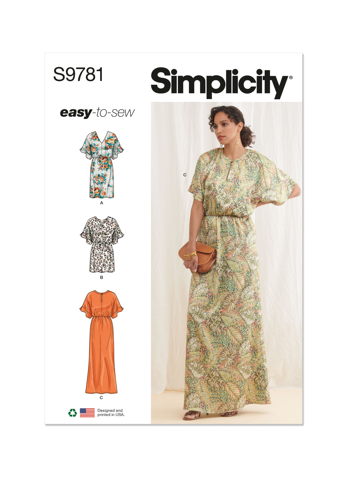 Simplicity S9781 sewing pattern envelope showing a kimono sleeve dress