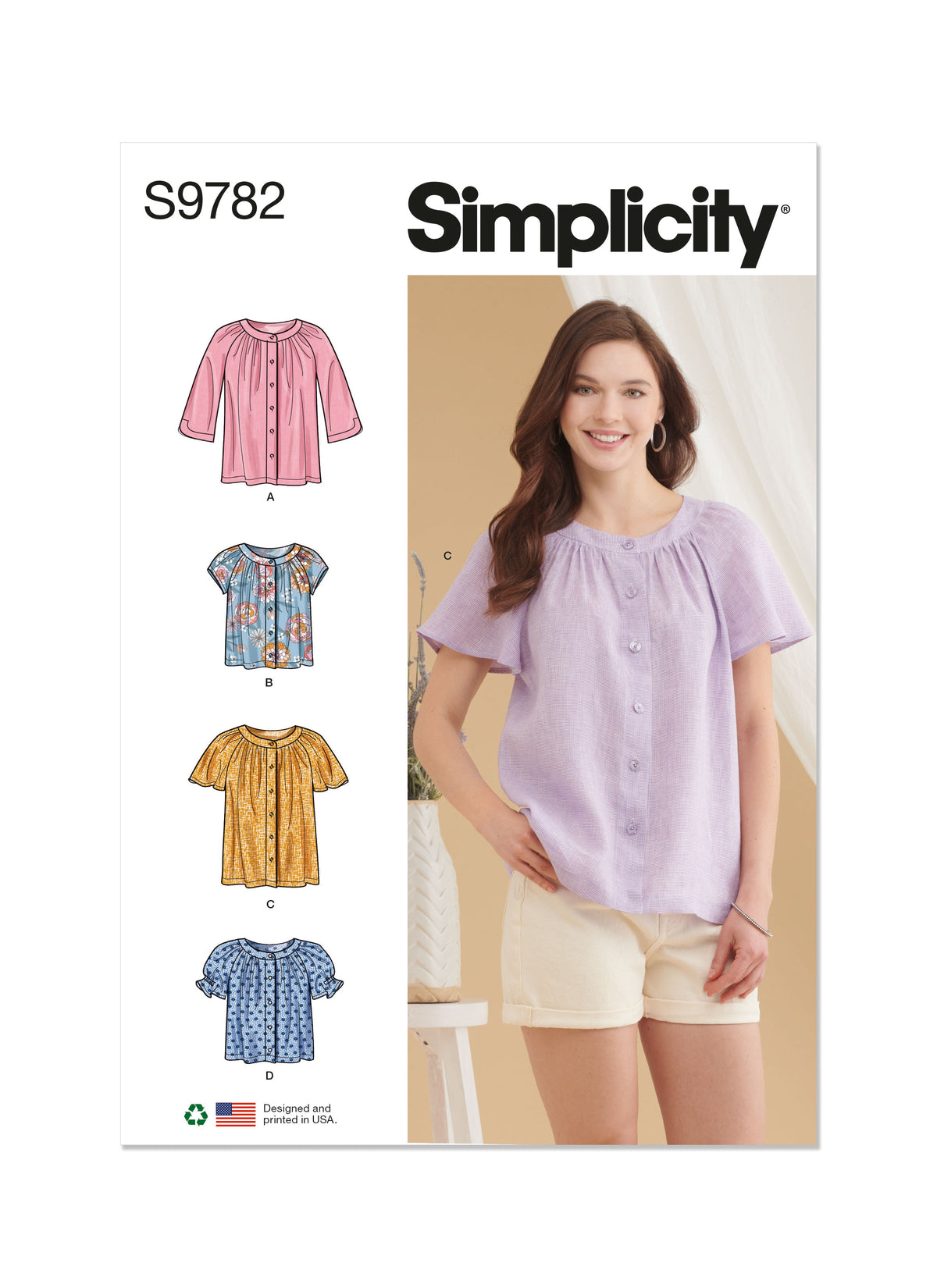 Simplicity S9782 sewing pattern envelope showing a button-front top
