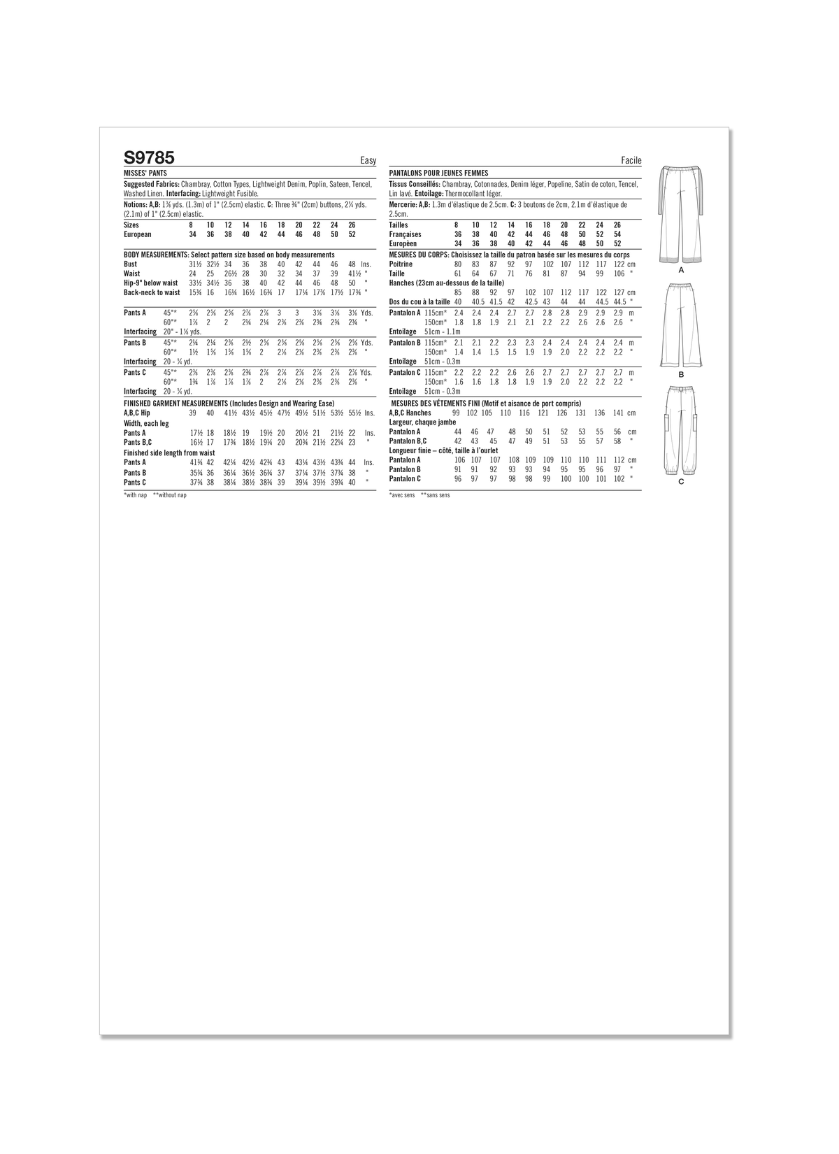 Simplicity S9785 sewing pattern envelope showing relaxed pull-on trousers