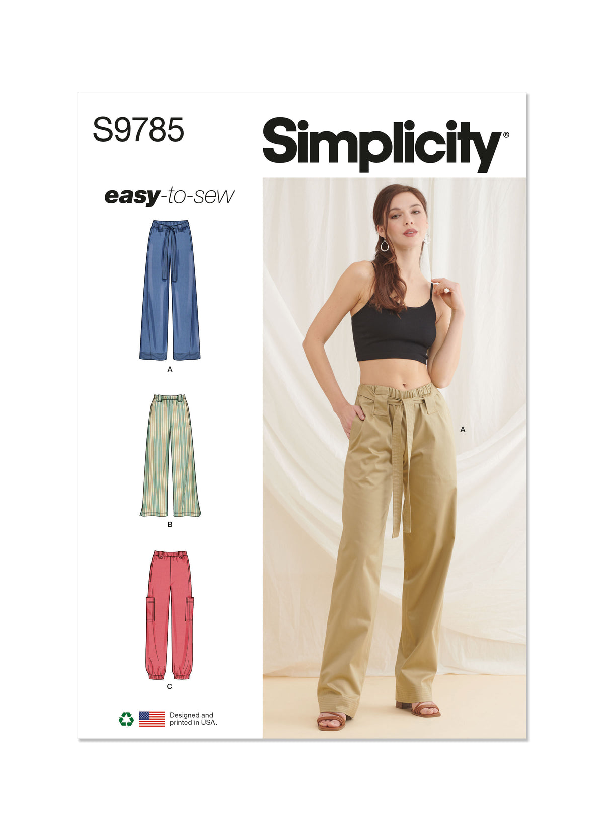 Simplicity S9785 sewing pattern envelope showing relaxed pull-on trousers