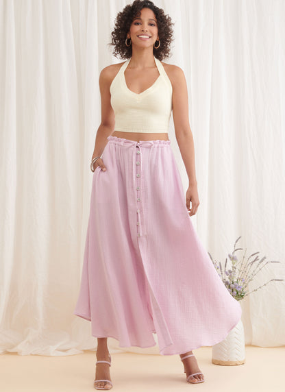Simplicity S9786 sewing pattern envelope showing a skirt and trousers with ruffled waist