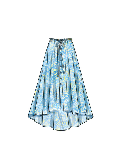 Simplicity S9786 sewing pattern envelope showing a skirt and trousers with ruffled waist