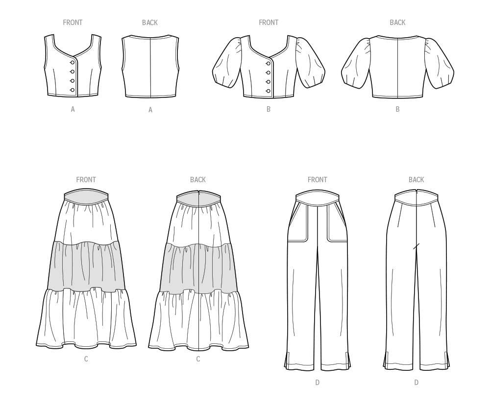Simplicity S9791 sewing pattern envelope showing tops, a skirt and trousers