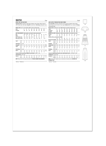 Simplicity S9791 sewing pattern envelope showing tops, a skirt and trousers