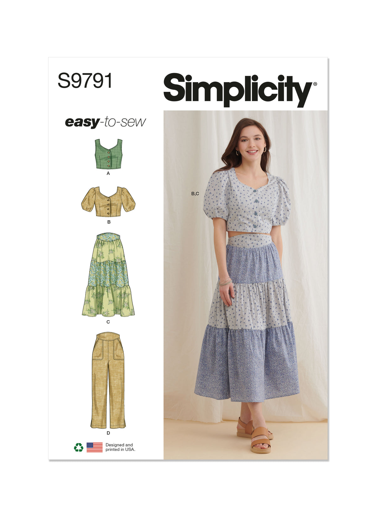 Simplicity S9791 sewing pattern envelope showing tops, a skirt and trousers