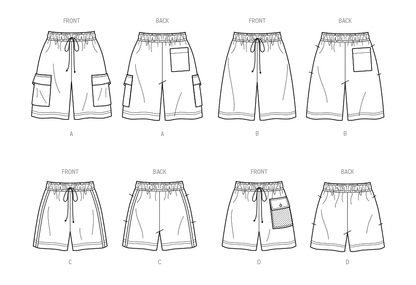 Simplicity sewing pattern S9795 envelope showing unisex pull-on shorts designs