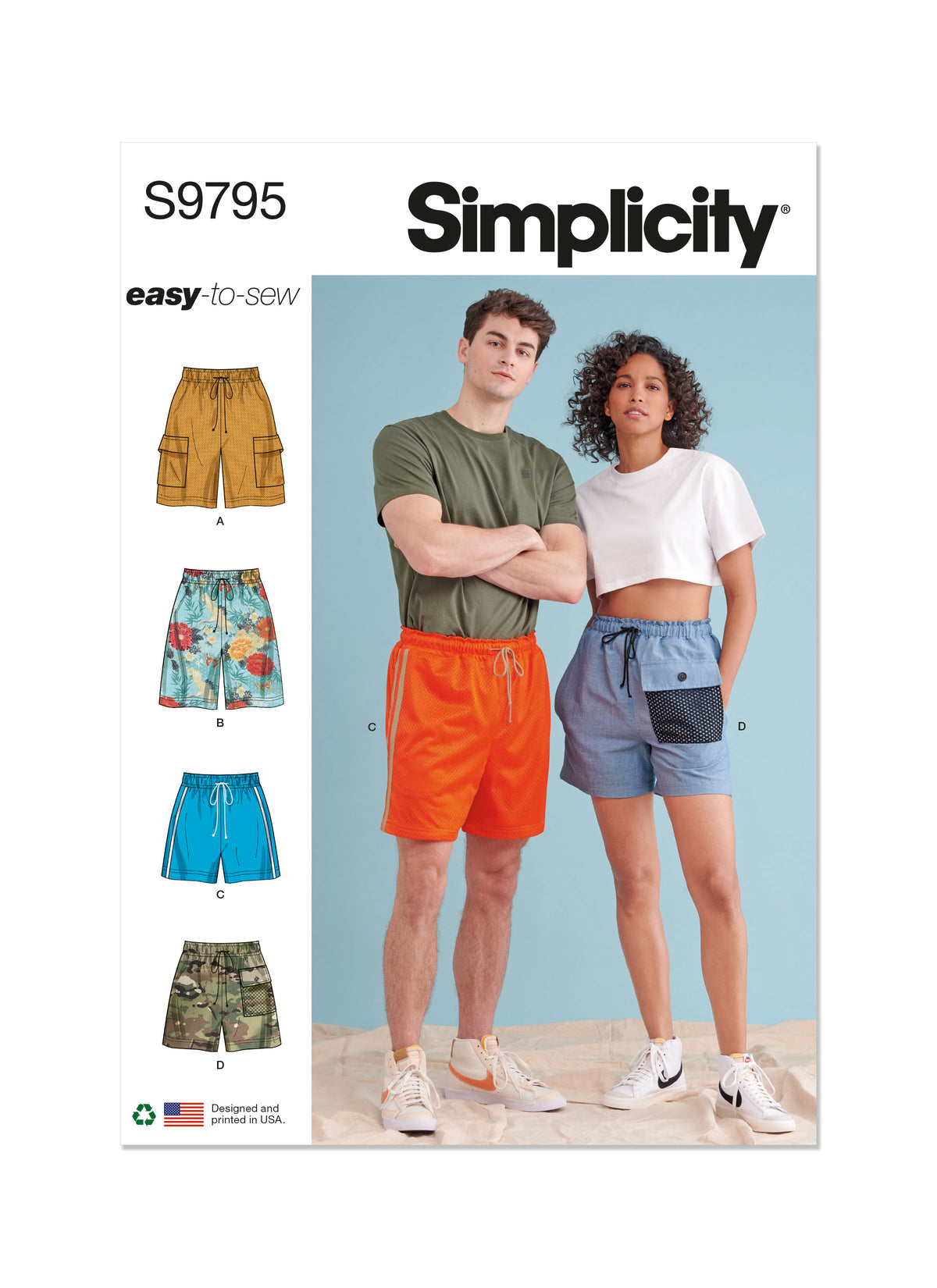 Simplicity sewing pattern S9795 envelope showing unisex pull-on shorts designs