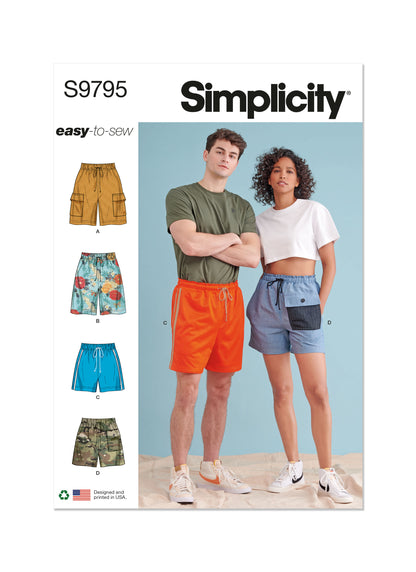 Simplicity sewing pattern S9795 envelope showing unisex pull-on shorts designs