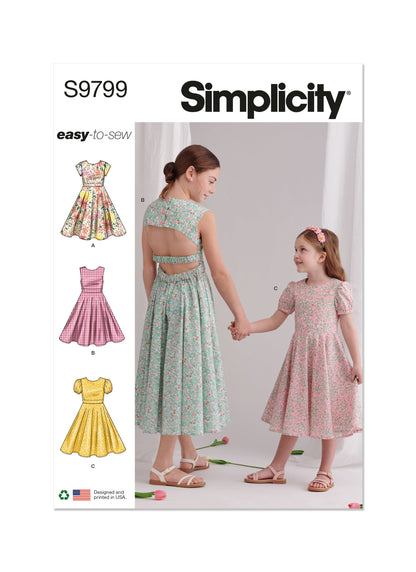 Simplicity sewing pattern S9799 envelope showing children's and girls' party dress designs