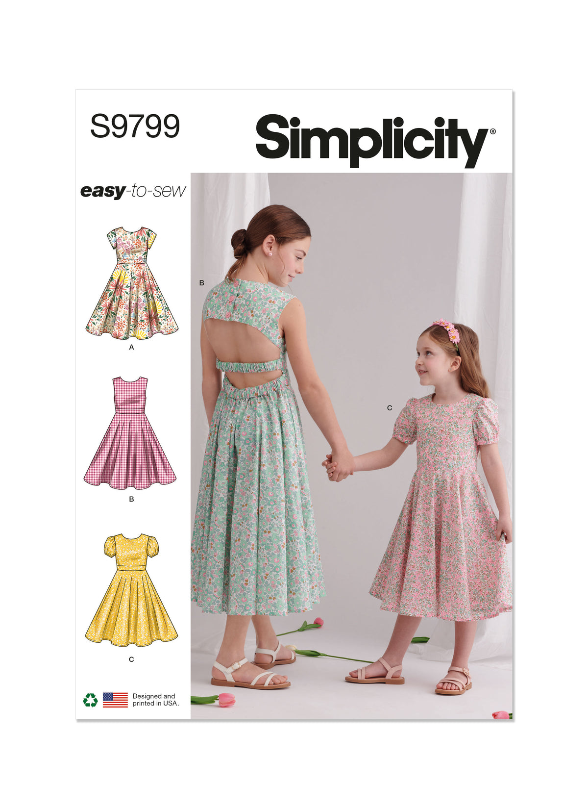Simplicity sewing pattern S9799 envelope showing children's and girls' party dress designs