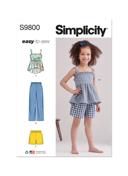 Simplicity sewing pattern S9800 envelope showing children's casual wear designs