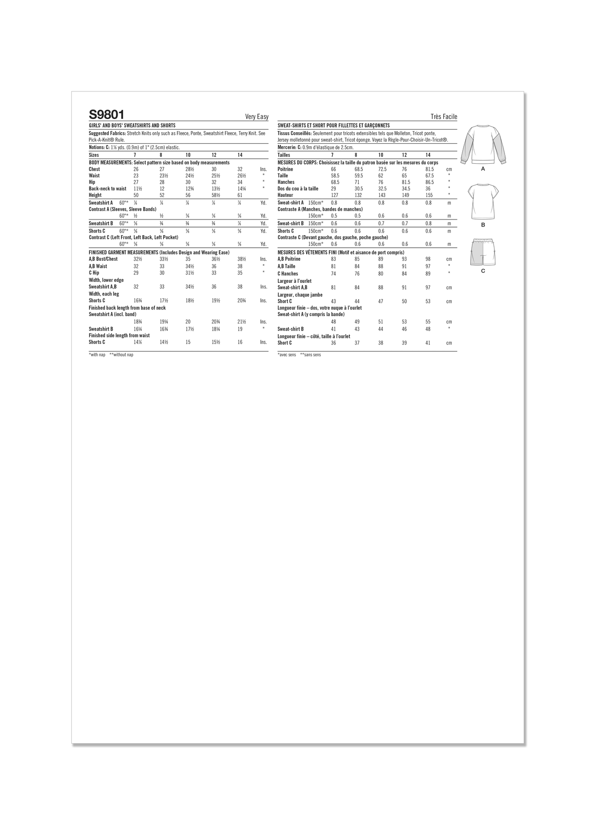 Simplicity sewing pattern S9801 envelope showing girls' and boys' sweatshirt and shorts designs